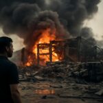 Nube de humo y daños en el puerto de Tianjin tras las explosiones de agosto de 2015