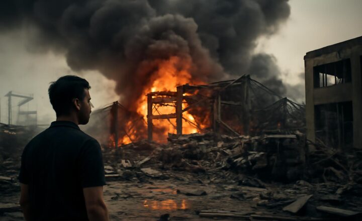 Nube de humo y daños en el puerto de Tianjin tras las explosiones de agosto de 2015