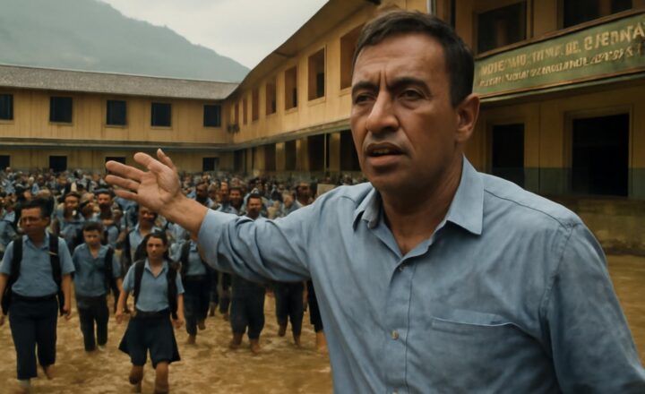 Estudiantes evacuados de una escuela en Nuwakot, Nepal, antes de la riada del 26 de agosto de 2026