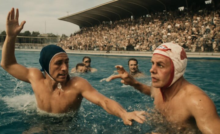 Ervin Zádor sale de la piscina con el rostro ensangrentado tras el partido de waterpolo entre Hungría y la Unión Soviética en Melbourne 1956