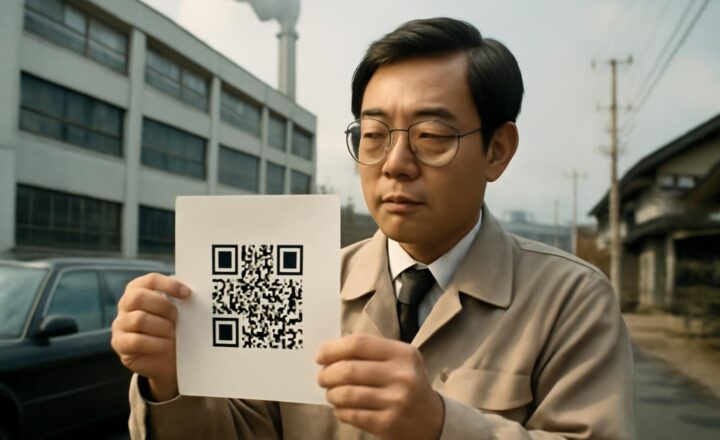 Masahiro Hara junto a un código QR, símbolo de la innovación desarrollada en Japón en 1994