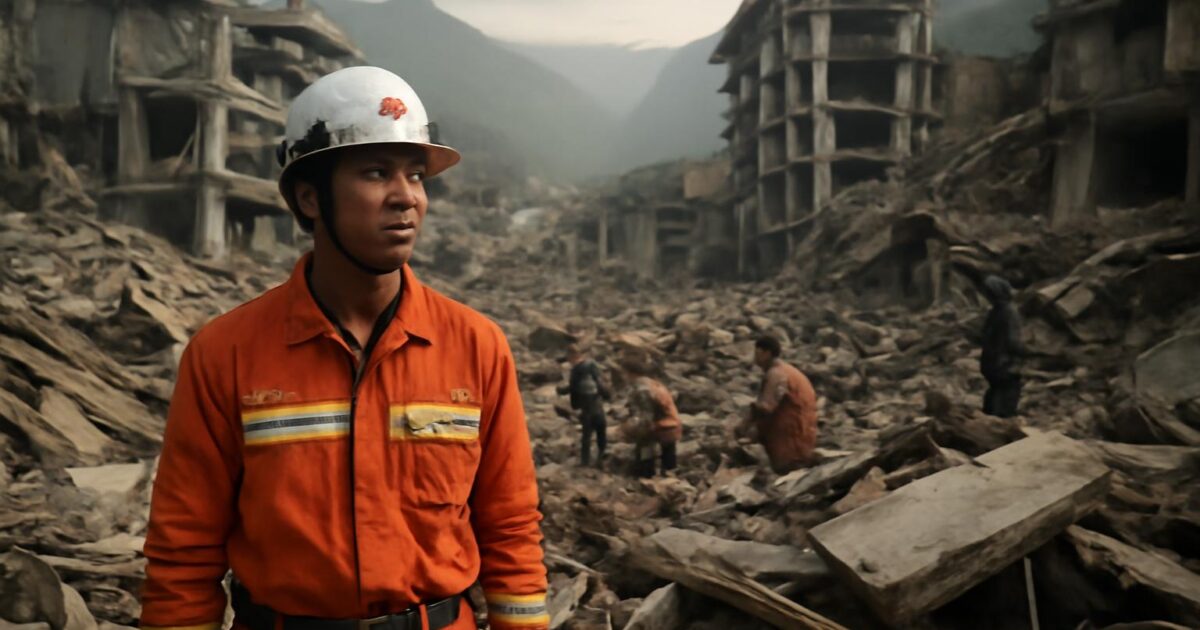 Equipos de rescate trabajan entre los edificios destruidos por el terremoto de Wenchuan en Sichuan en mayo de 2008